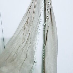 Beige Scarf with Pom Pom Trim